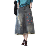Langer Jeansrock mit Vintage-Stickerei